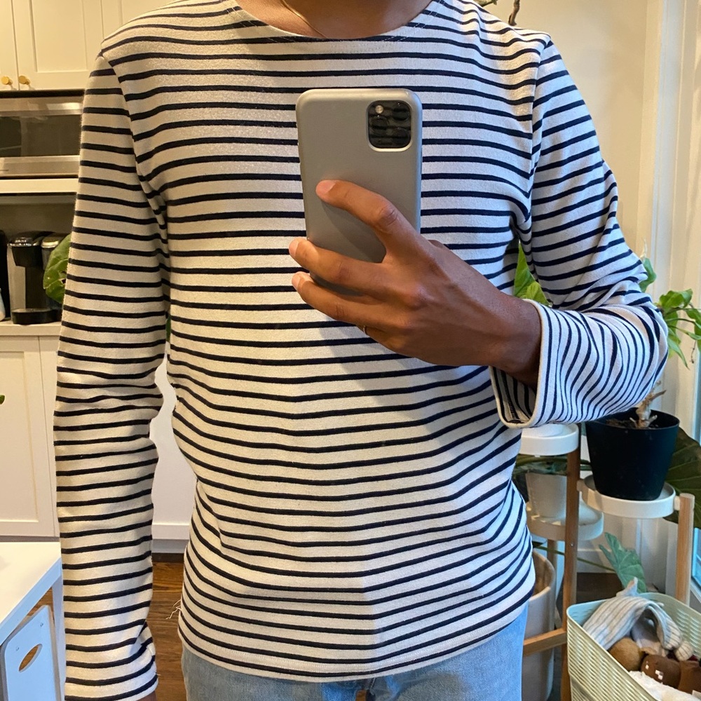 White and blue striped shirt